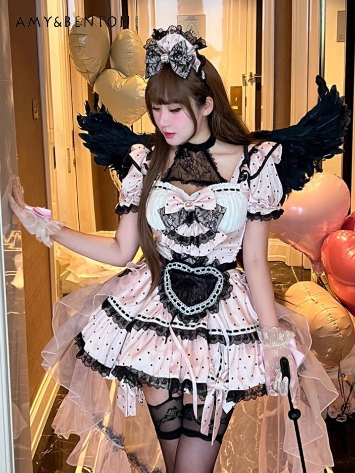 

Sweet Sexy Uniform Maid Dress Cute Lace Bow Beaded Pendant Halter Neck Polka Dot Print Puff Sleeve Mini Dress Festival Dresses