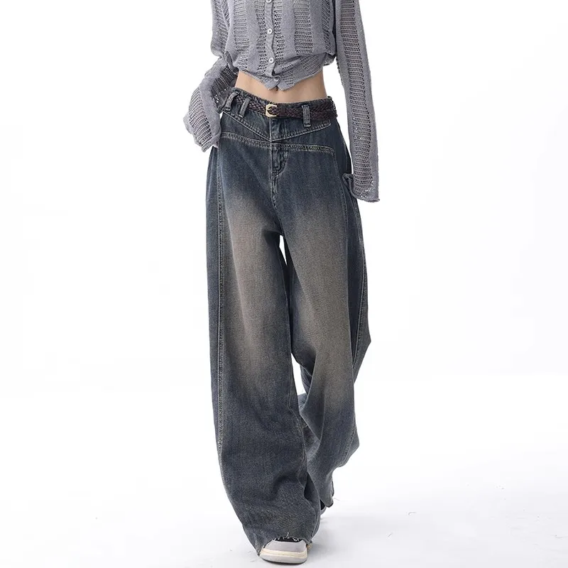 WCFCX STUDIO Autumn Washed Old Ragged Edge Jeans Women Vintage Design High Street Denim Pant Fashion Loose Fitting Wide Leg Pant