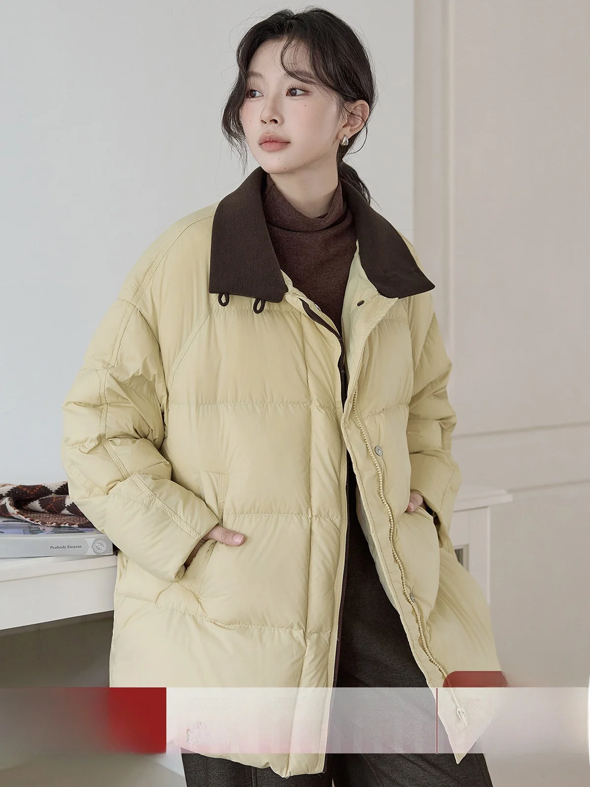 

Yellow down Jacket Women's Mid-Length Versatile Stylish Design Winter Coat Commute Style Zipper Closure Long Sleeve Warmth