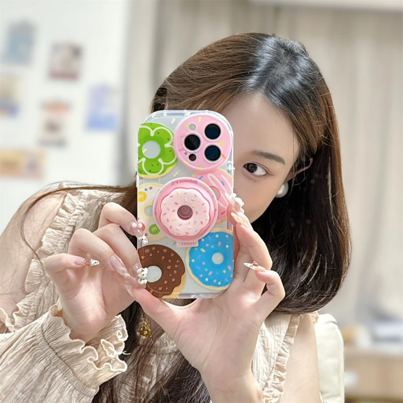 かわいい3Dドーナツ型MagSafe対応グリップトックスマホホルダー iPhone 15/16対応 折りたたみ式ワイヤレス充電ケーススタンド 女の子向けブラケット