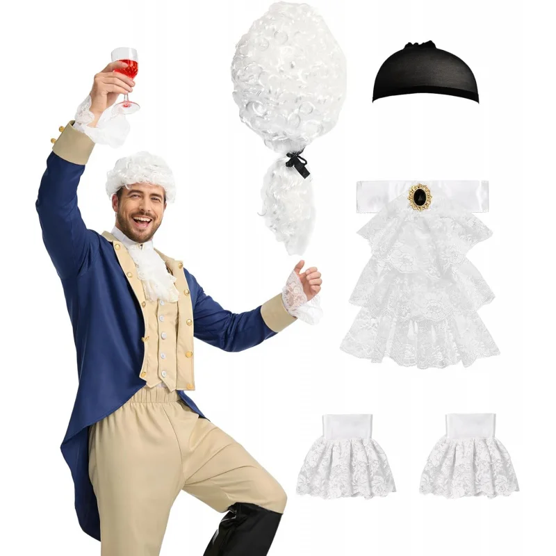 5 pcs set Founding Fathers Costume Colonial Style Judge Wig Lace Jabot and Cuffs Set Coplay Perfect for Halloween Party