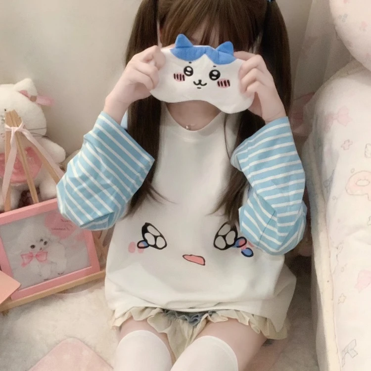 Harajuku Fake Two Piece Striped O-neck T-shirts Coat Kawaii Patchwork Cat Ear Tops Women 2024 Spring New Long Sleeve Sweatshirts