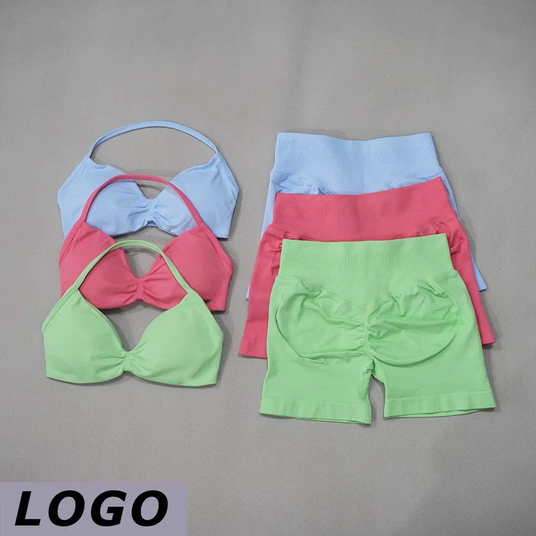 DF LOGO Women Yoga 2 Piece Set Lace Up Sports Bra High Waist Seamless Short Leggings Elastic Gym Running Cycling Fitness
