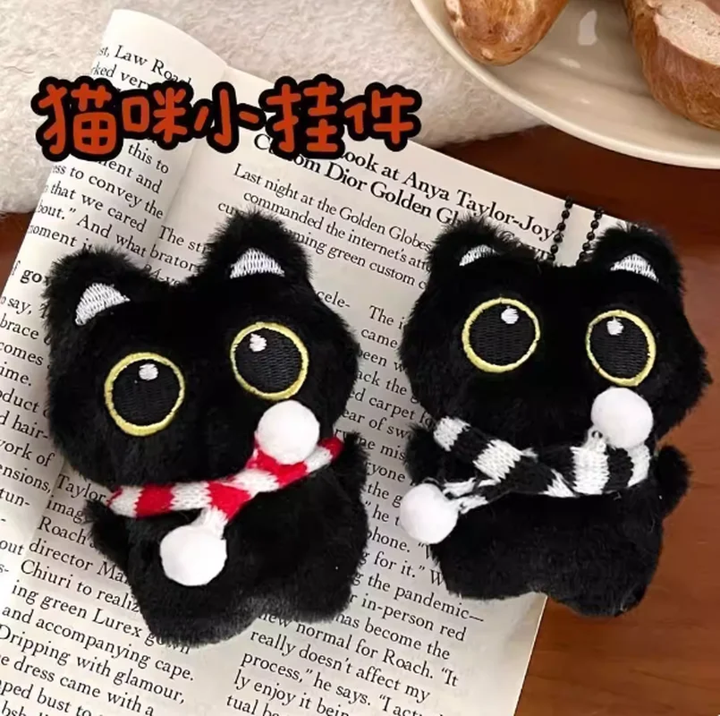 

New Kawaii Big Eyes Cat Plush Doll With Scarf Black Cat Keychain Bag Soundable Pendent Cartoon Ornament Girl Surprise Gift