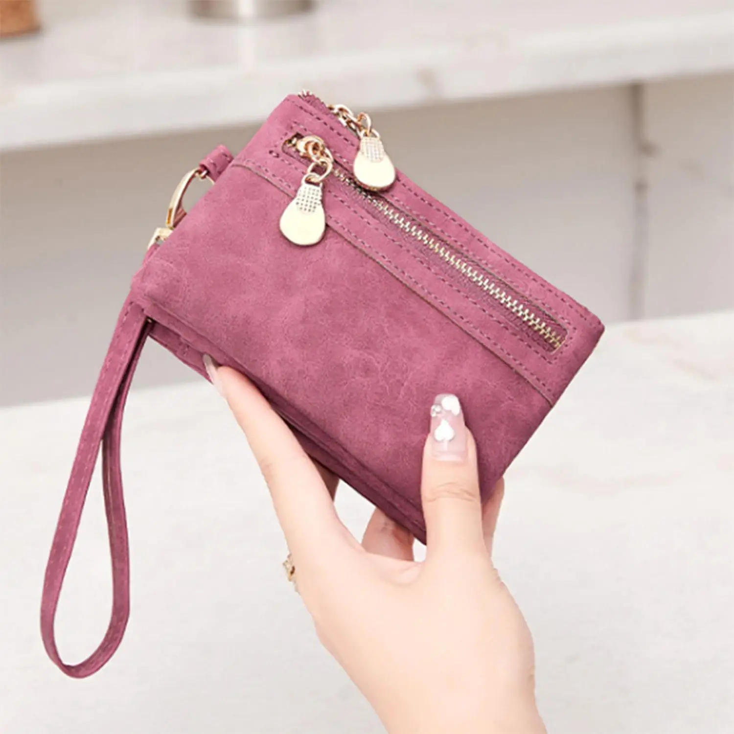 

Retro Matte Folding Zipper Wallet High-quality PU Leather Portable Multifunction Women's Wallet Fashion Wrist Bag With ID Card