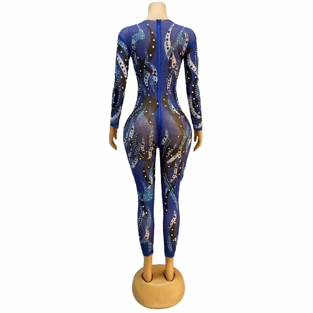 Print Low Cut Transparent Tight Jumpsuit Shiny Rhinestone Club Party Sexy Outfit Singer Stage Wear Nightclub Performance Costume