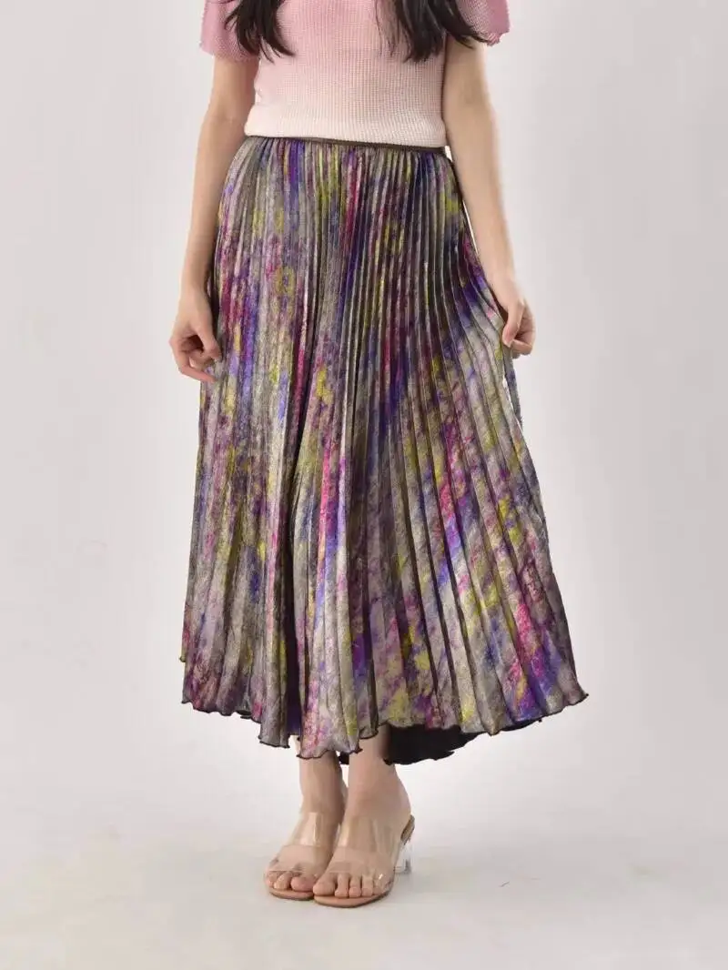 Shiny Colorful Luxury High Waist Midi Skirt 2025 Spring/Summer Fashion Trends Elastic Waistband Pleated Skirt Old Money Style M9