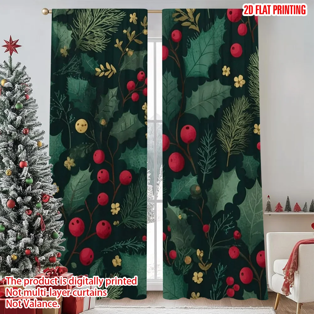 

2pcs 2D flat printing Merry Christmas Curtains Christmas tree leaves Versatile 100% Polyester Without Electricity Spring Party &