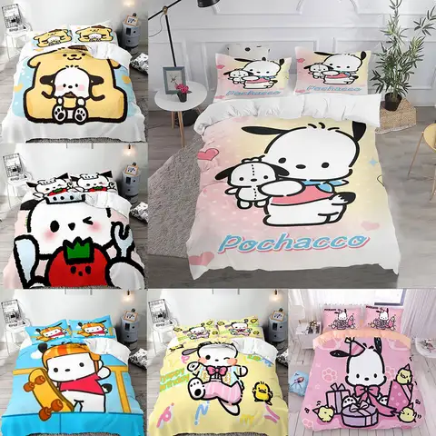 산리오 침구 세트, 포차코 만화 이불 커버, 침대 커버, 이불 커버, 베개 케이스, 어린이 성인 사이즈, 2-3 개 세트