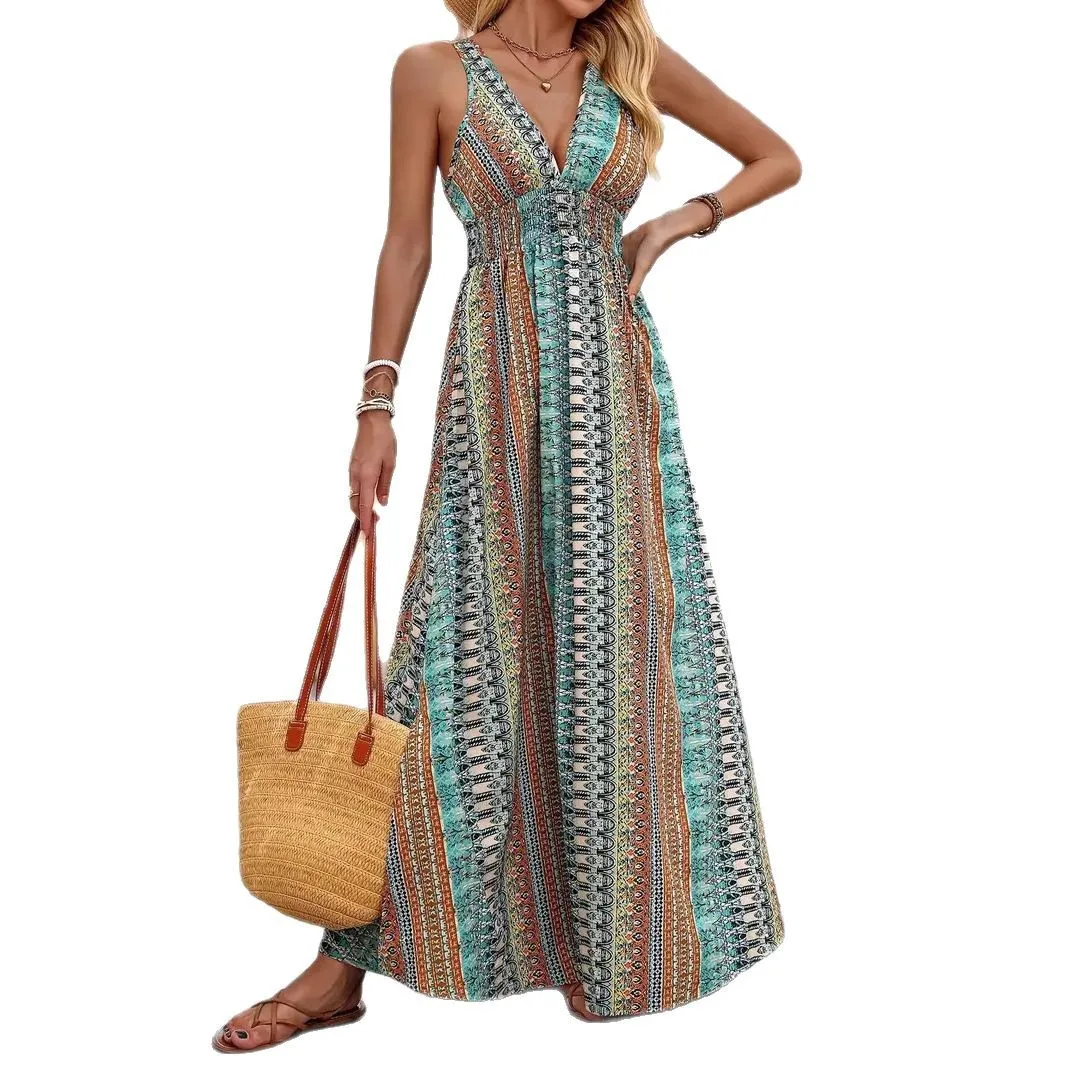 Afbeelding 7: Boheemse stijl print mouwloze lange jurken dames zomer v-hals backless leace-up splitjurk casual dame vakantie vestidos
