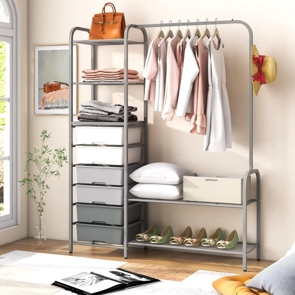 Heavy Duty Clothes Rack with 6 Removable Drawers, 3-Tier Open Shelves & 2-Tier Metal Shoe Rack, Side Hook