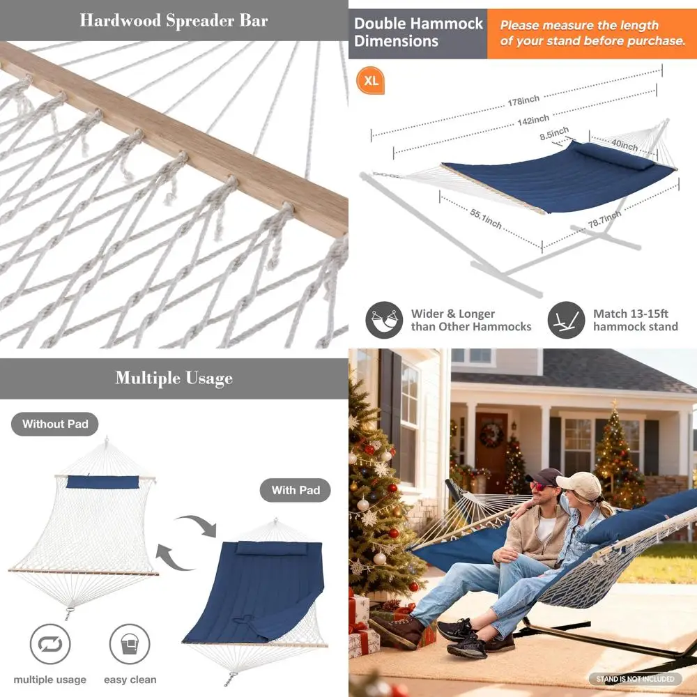 

Double Outdoor Hammock with Hardwood Bar, 475 lbs Weight Capacity, 15 FT Heavy Duty Hammock, Large Soft Pillow, Dark Blue