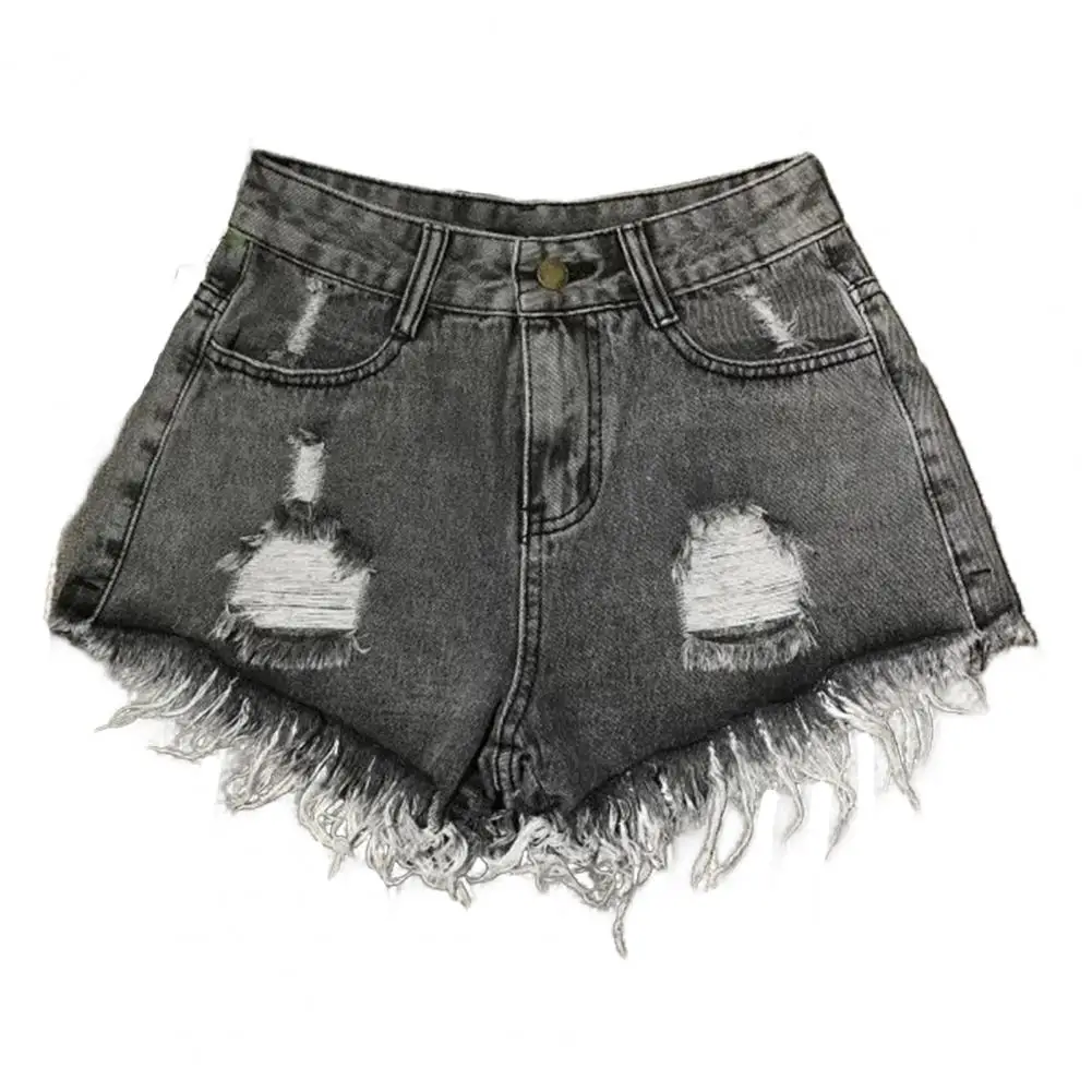 Современные джинсовые шорты с высокой талией. Женские потертые джинсовые шорты с высокой талией. Летняя мода, необходимые с рваными рваными шортами для уличной одежды.
