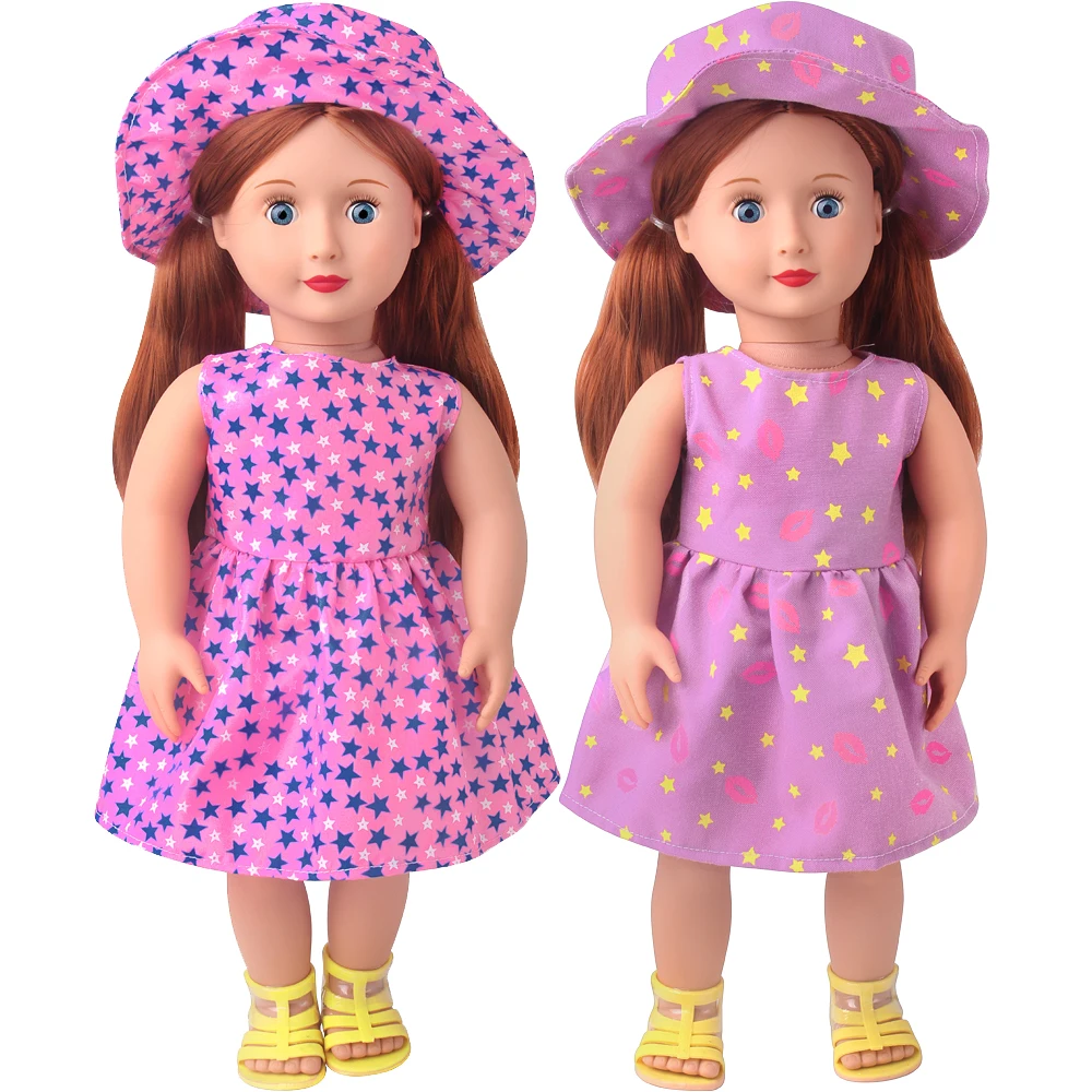 Print Dress + Hat American Ours & Generation 18 Inch Girl Doll Skirt Kids Toys 43 cm Baby Dolls Clothes Accessories Dress