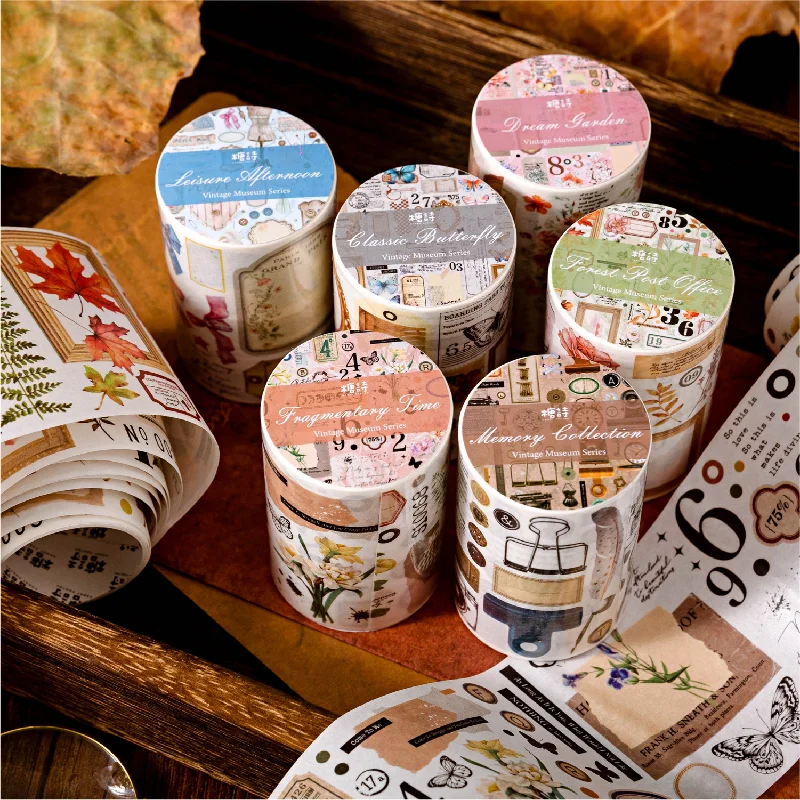 6 Styles Washi Paper Tape Retro Museum Series Retro DIY Handheld Decoration Material Recycling Stickers