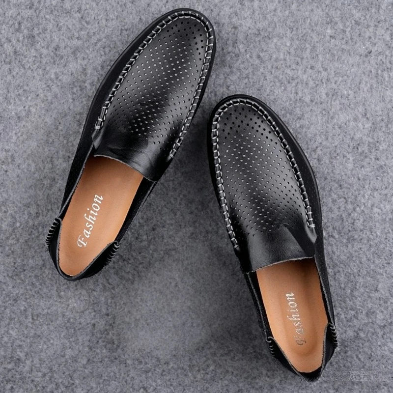 Men's Leather Breathable Perforated Loafers Summer Slip-On Casual Driving Shoes Plus Size 46 Black