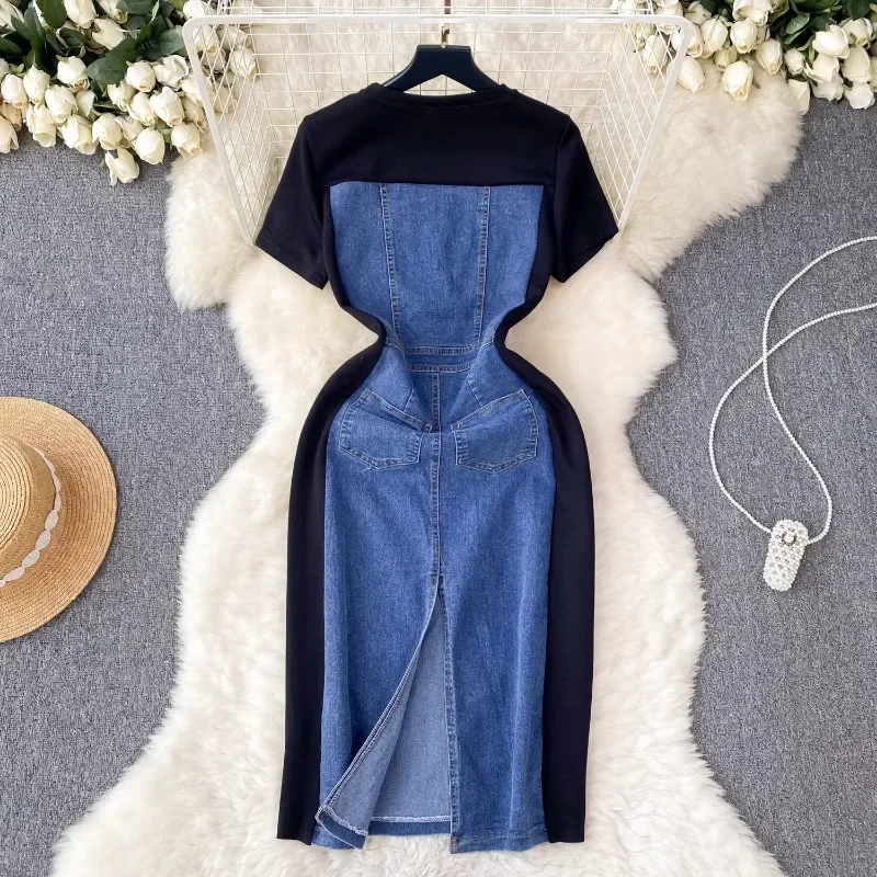 OCEANLOVE Fake 2 Pieces Women Dresses Denim Contrast Color Spring Summer Vestidos Korean Fashion Vintage Elegant Long Dress