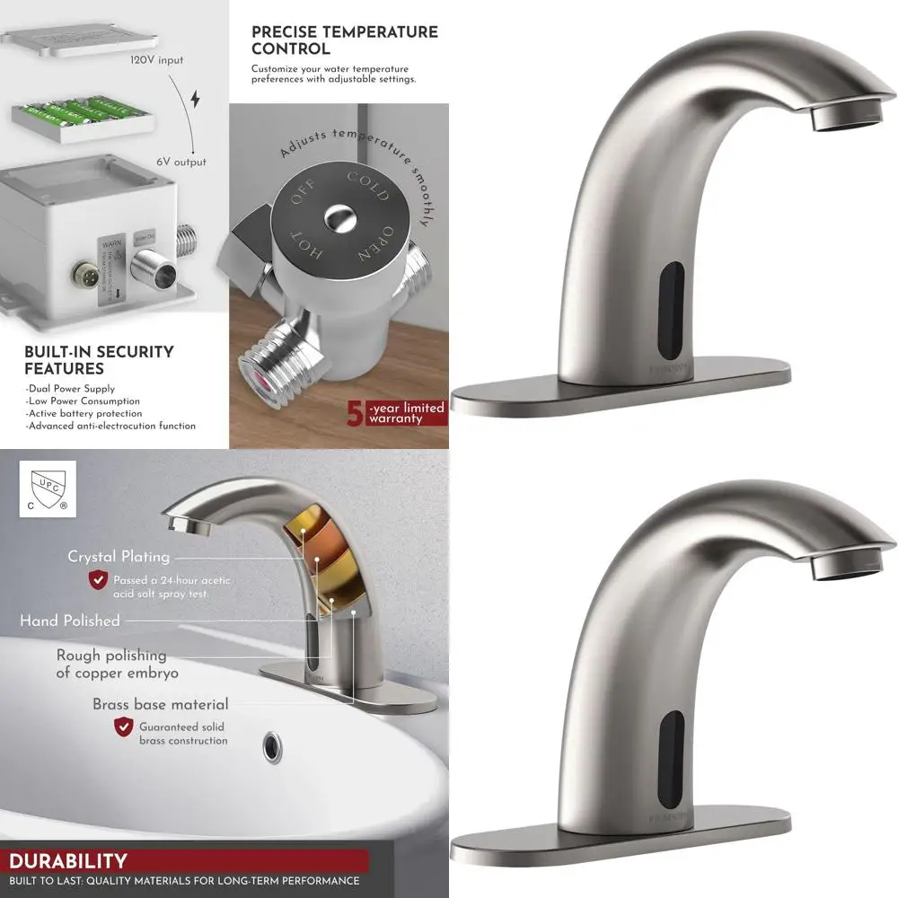 

Touchless Infrared Smart Bathroom Faucet with Temperature Control, Cover Plate, and Battery/Plug-in Option in Brushed Nickel Fin
