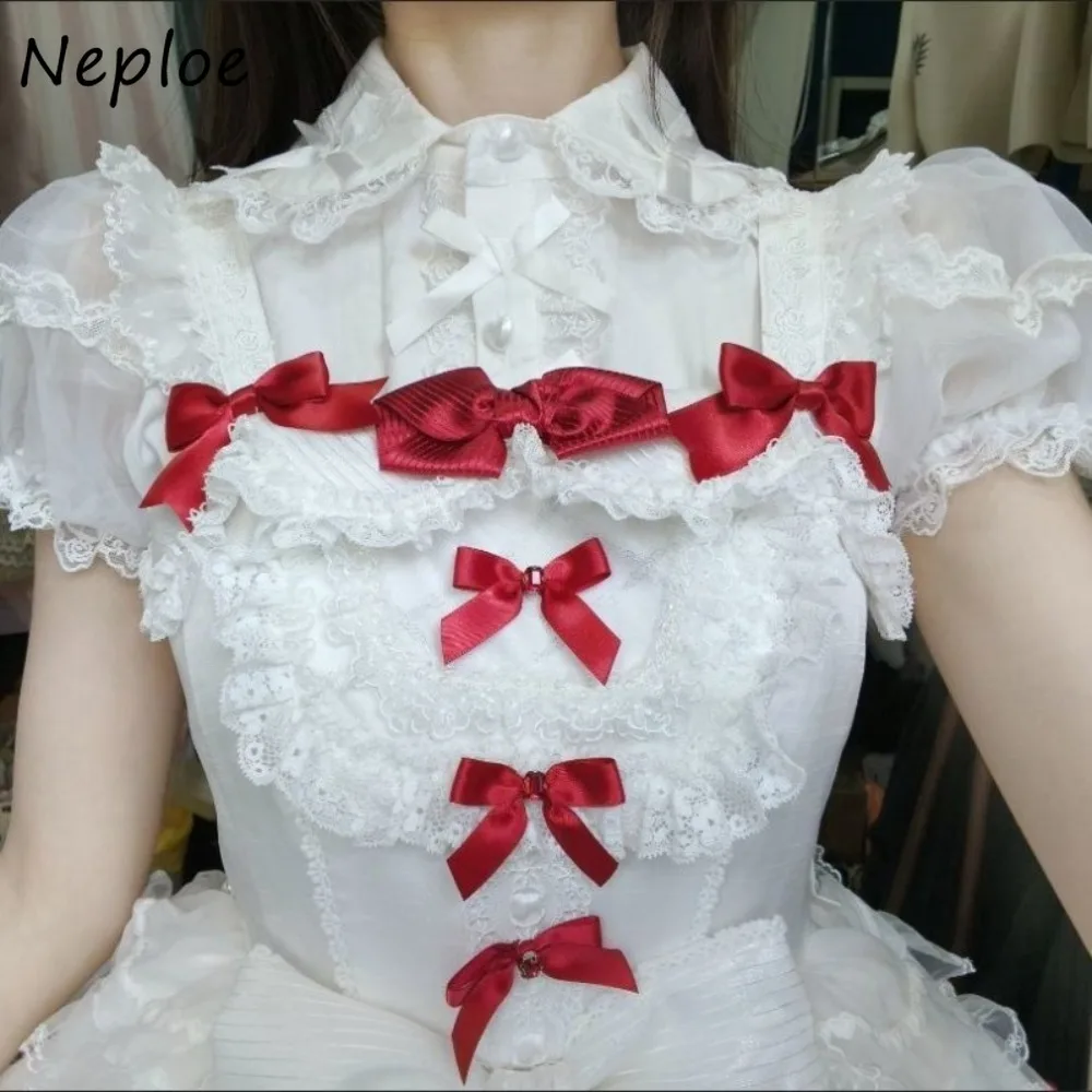 

Neploe Fresh Sweet Bow Lace Ropa Mujer Age Reduction Patchwork Short Puff Sleeve Blusas Japanese Lovely Y2K Goth Hip Hop Blouses
