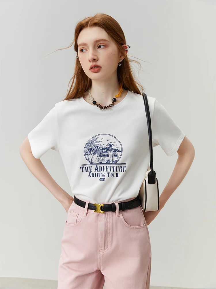 Fsle 69.7% Baumwolle Frauen weiß drucken T-Shirts vorne Schulter lässig weibliche weiße T-Shirts Büro Dame All-Match Rundhals-T-Shirt