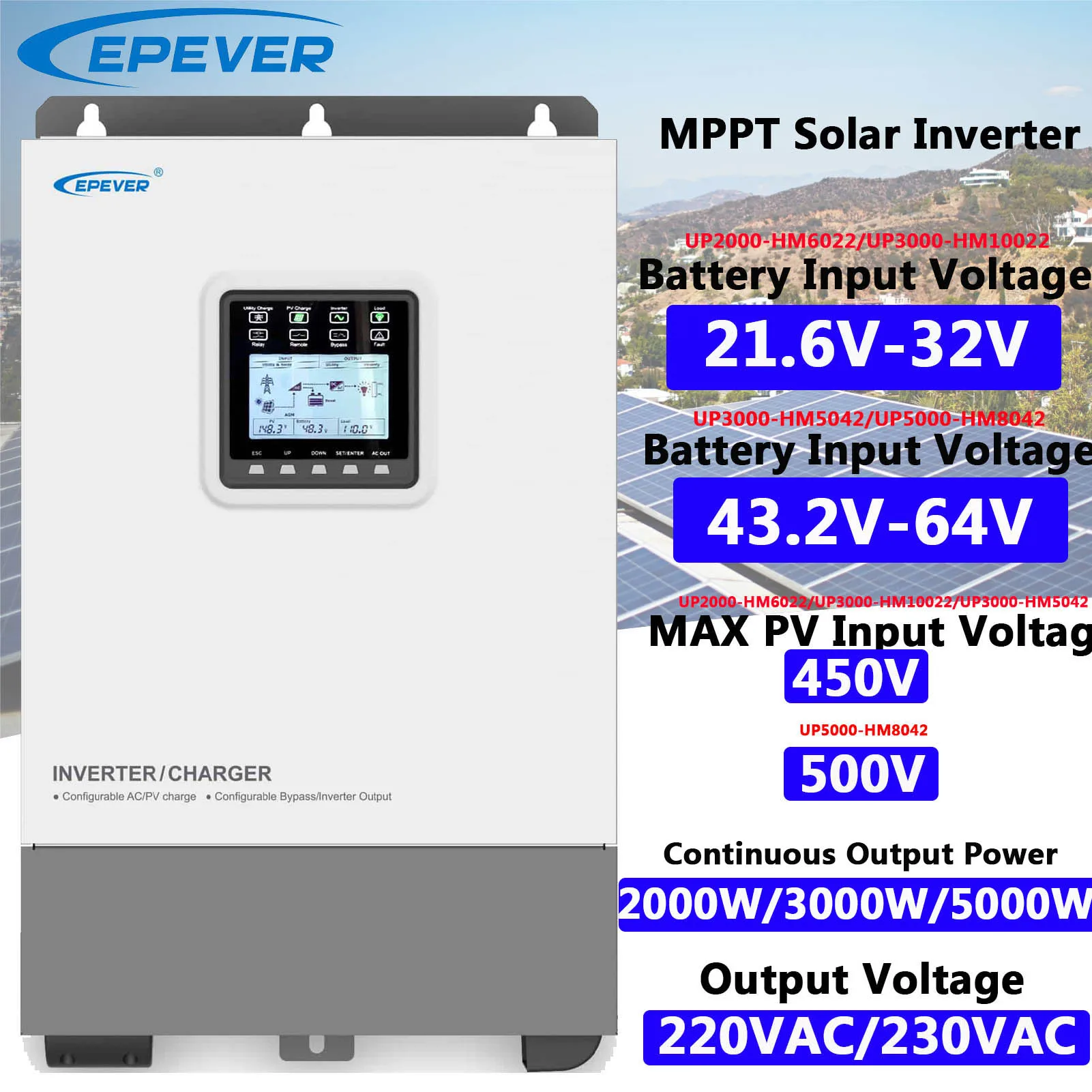 EPever UPower Inverter UP-HM series 3000W with dc 24v to AC 220V 230V MAX  Battery Current 100A