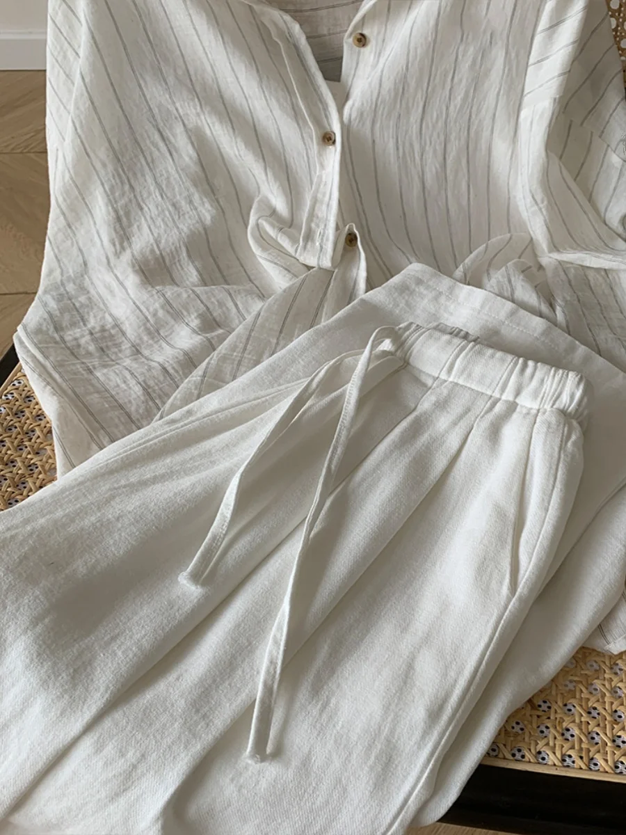 

White Cotton and Linen Wide-leg Pants Women's Summer Thin Elastic Waist Versatile Casual Loose Straight Trousers Baggy Pants