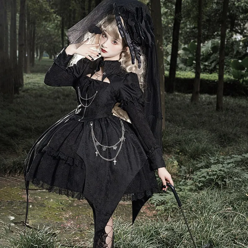 

Gothic Style Long Sleeve Collar Dark Dress