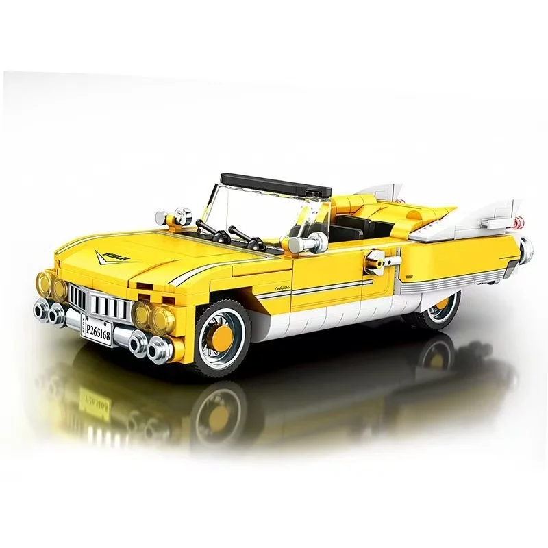 Gelbes Vintage-Cabrio-Bausatz mit Präsentationsständer, klassisches Retro-Fahrzeugmodell, sammelbare Desktop-Dekoration – Detail 6