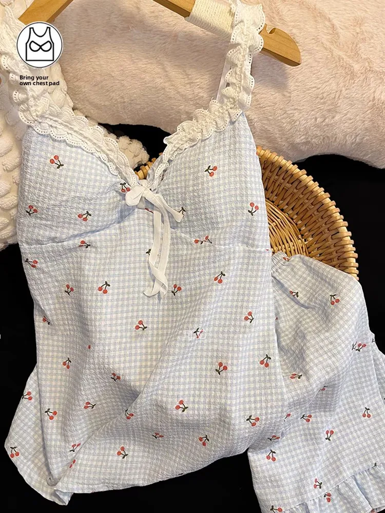 Blue Plaid Cherry Print Sleepwear Women's Summer Thin Strap Lace  Knot Home Clothes with Chest Pad Short Sleeve V-Neck