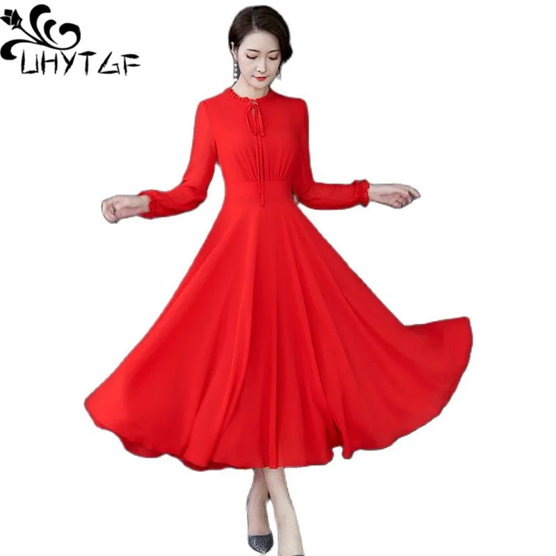 

UHYTGF Spring Summer Dress Women Fashion Ruffled Elegant Dresses Female Long Sleeve Big Swing Beach 5XL Loose Size Clothes 1708