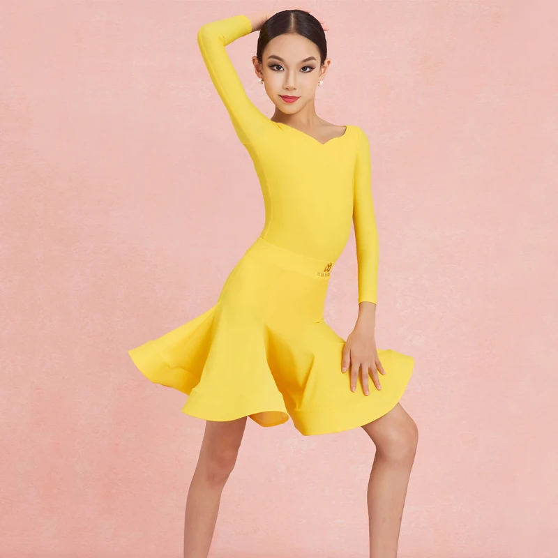 Girls Latin Dance Performance Costumes For Grils Long Sleeved Split Skirts Suit Multiple Colors Chacha Latin Clothes   DQS23883