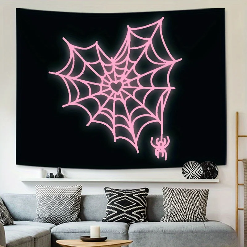 VIKAMA Dark Night Sweetheart Wandteppich, rosa Spinnennetz, Herz, Spinne, Wohnzimmer, Schlafzimmer, Gothic, dekorative Kunst, Wandhintergrund