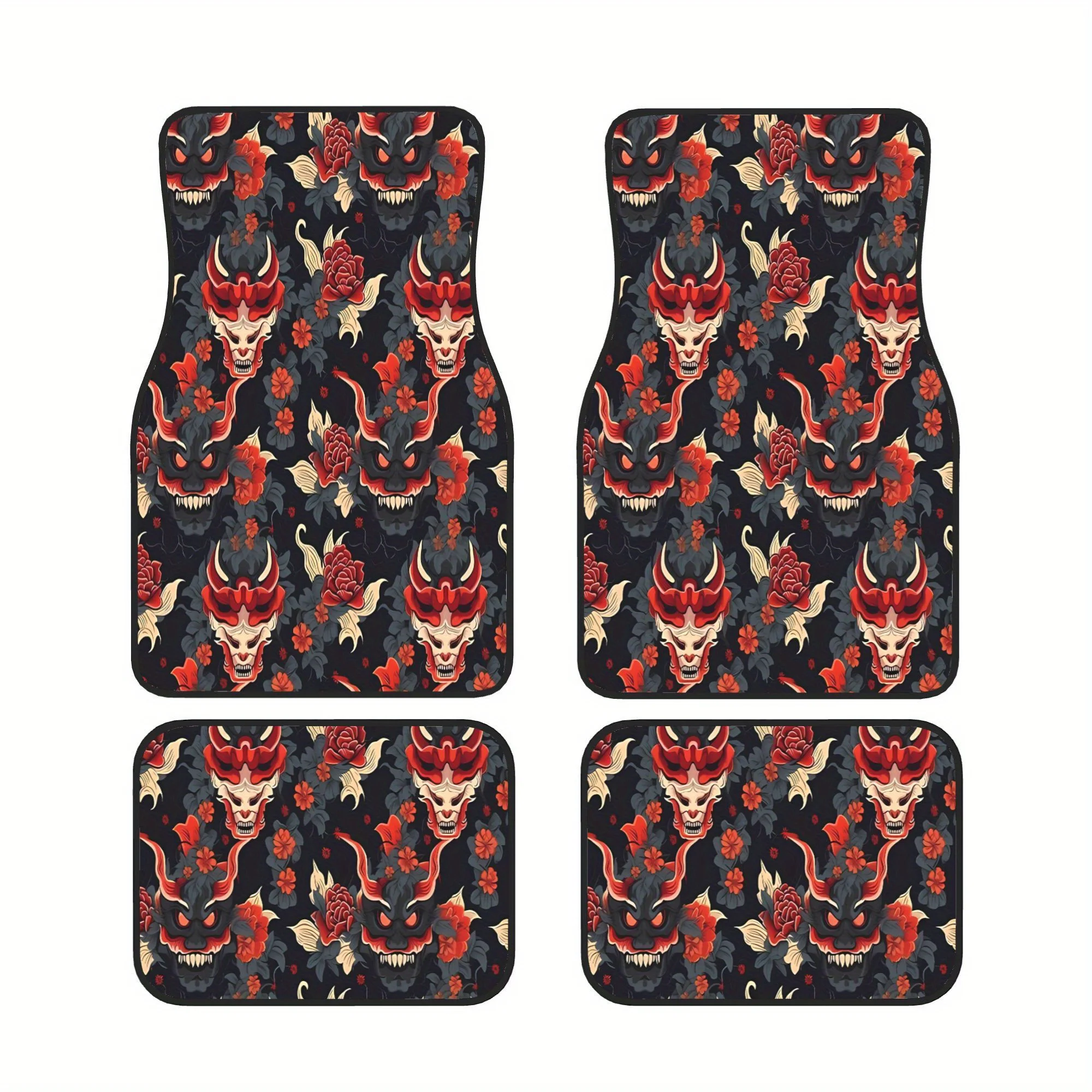 Red Foral Demon Trendy Simple And Elegant Four Piece Floor Mat Set For Your Car Cabin Enhances Overall Appearance And Works Well
