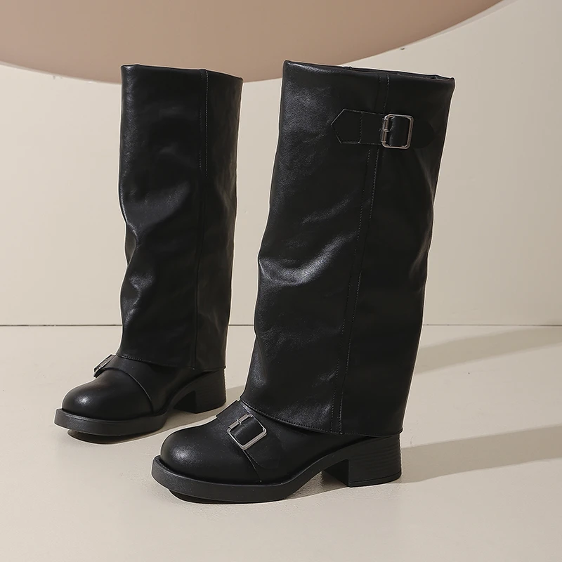 

New Woman Boots Knee High Platform Chunky Heels Trend Punk Gothic New Rock Leather Fashion Women's Shoes Motorcycle Footwear