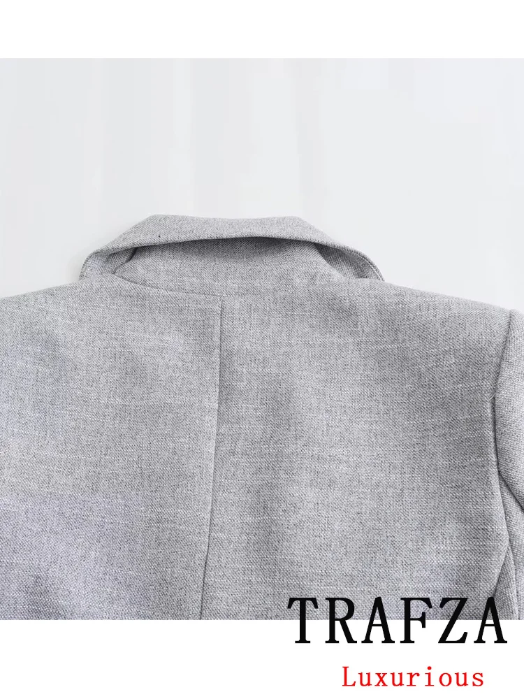 TRAFZA Vintage Chic Office Lady Gray Solid Women Suit V Neck Single Breasted Blazer Straight Loose Pants New Fashion 2024 Set