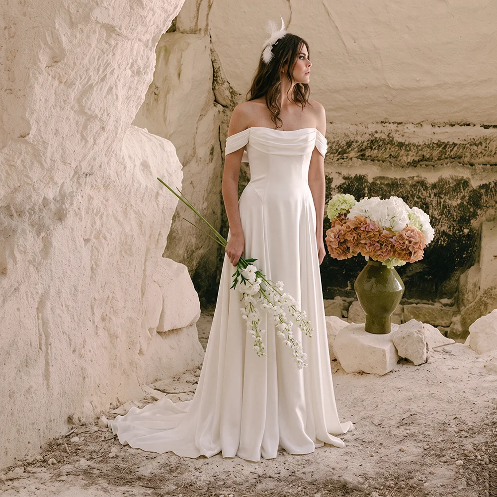 Off Shoulder Matte Satin A Line Structure Wedding Dress Brush Train Customized Elastic Crepe Ivory Simple Minimal Bridal Gowns