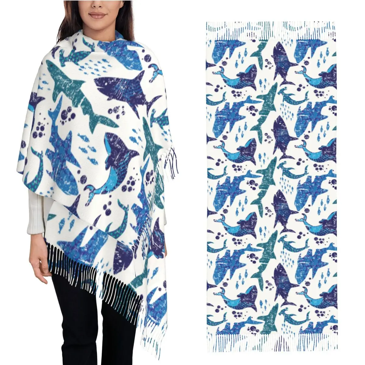 

Шарф с подводным миром в виде акулы, океана, морского морского оргазма, зима-осень, шаль из пашмины, длинный большой легкий шарф-шаль