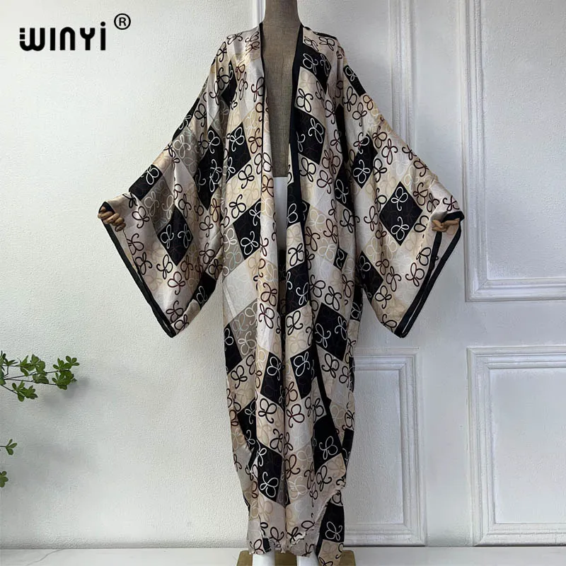 WINYI NEW summer kimono boho print beach cover up Swim Suit elegant African women boho Cardigan sexy Holiday silk feeling dress