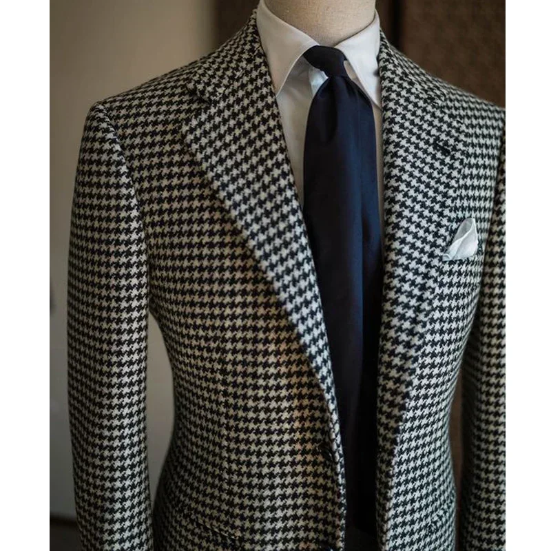 Blazer de pata de gallo para hombre, chaqueta de traje masculina con solapa de muesca a cuadros lista para enviar, abrigo elegante de moda para hombre