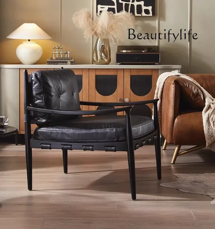 

muebles para hogar Retro Style Solid Wood Armrest First Layer Cowhide Leisure Chair American Country Leather Couch