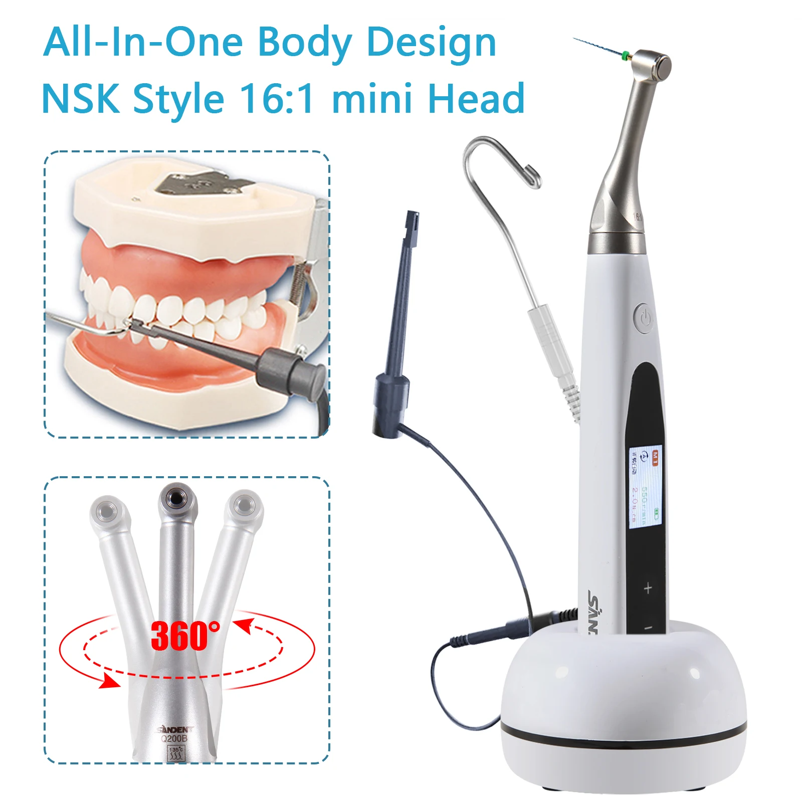 Dental 2 in 1 Wireless Endo Motor 360° 16:1 Contra Angle Built in Apex Locator Finder Treatment /Niti Files 25MM