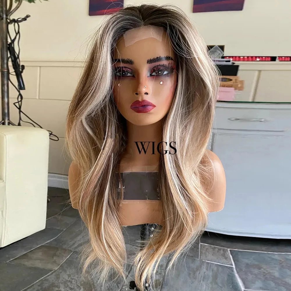Pre plucked Synthetic Lace Front Wig Balayage Blonde Brown Wig Highlights Soft Straight Wigs For Women Heat Resistant Fibre