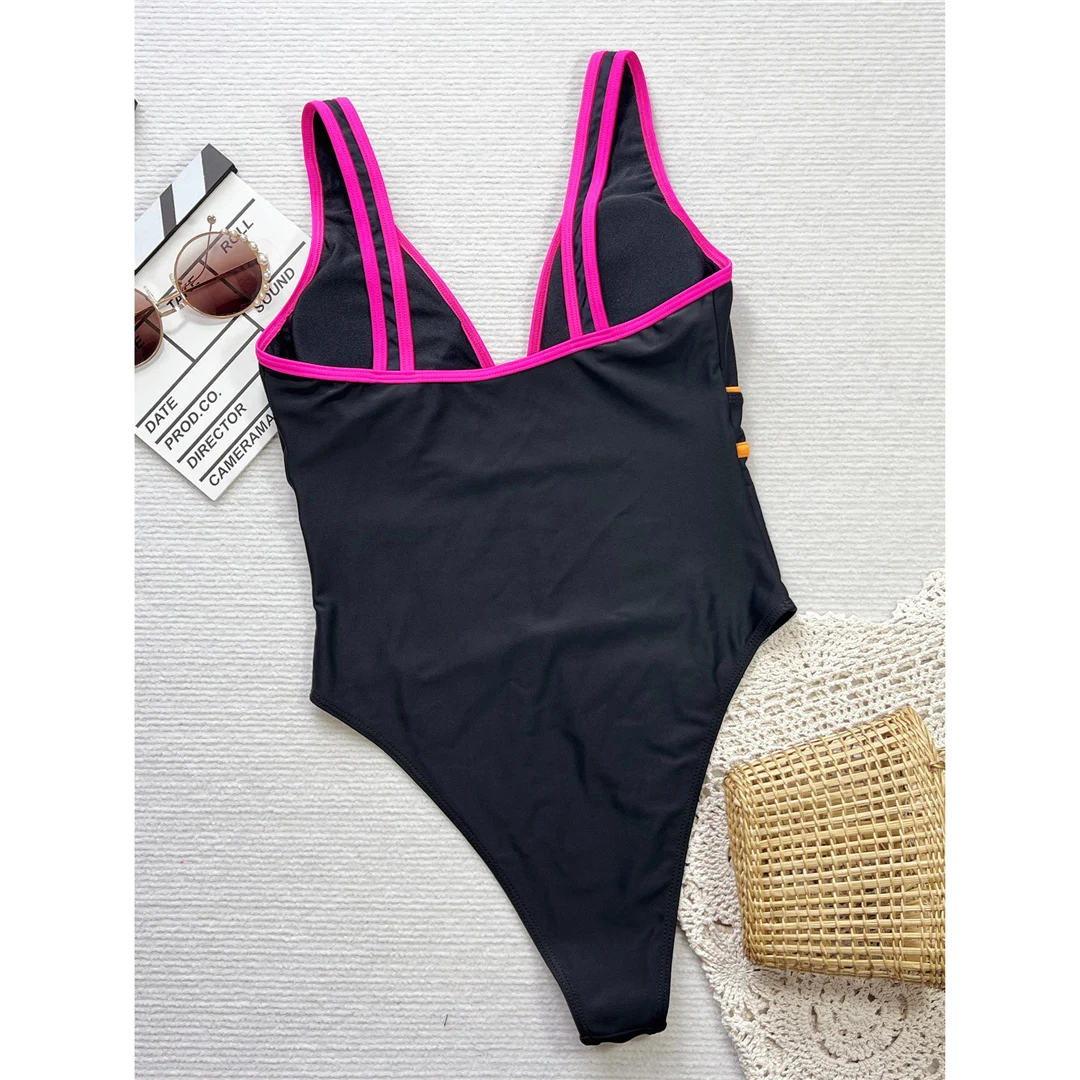 Neuer, tief ausgeschnittener Damen-Badeanzug mit V-Ausschnitt, einteilig, mit hohem Beinausschnitt, gepolstert, Monokini, Badebekleidung, Badeanzug, Modell V6027. – Detail 11
