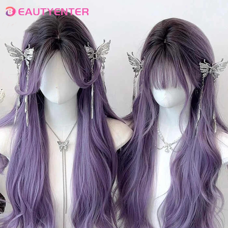 BeautyEnter Wig Synthetic Loose Water Wave Purple Wig with Dark Roots High Density Long Wavy Hair Wigs with Neat Bangs