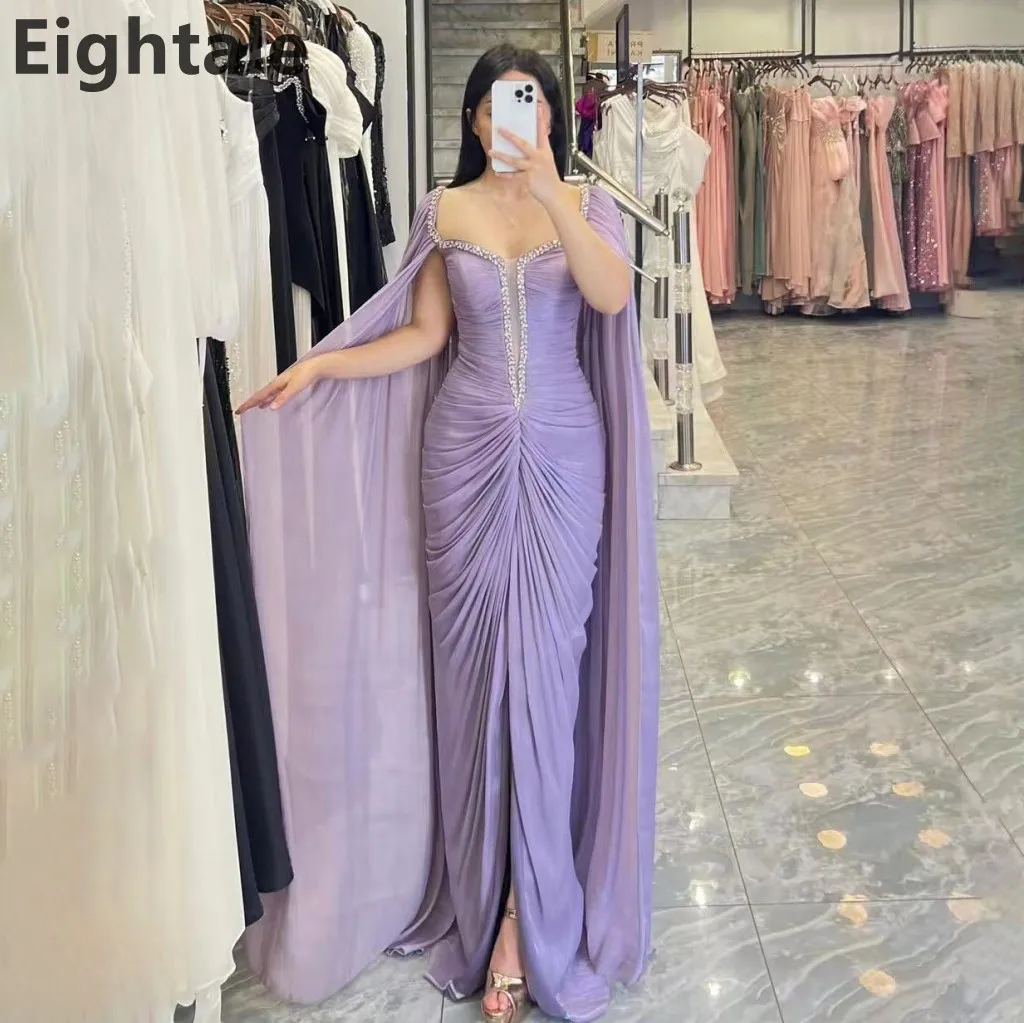 エイトレ 2025 ラベンダー マキシ イブニングドレス ケープ付き ウェディングパーティー フォーマル プロムドレス ドバイ パーティーガウン カスタムメイド ロブ・ド・ソワレ