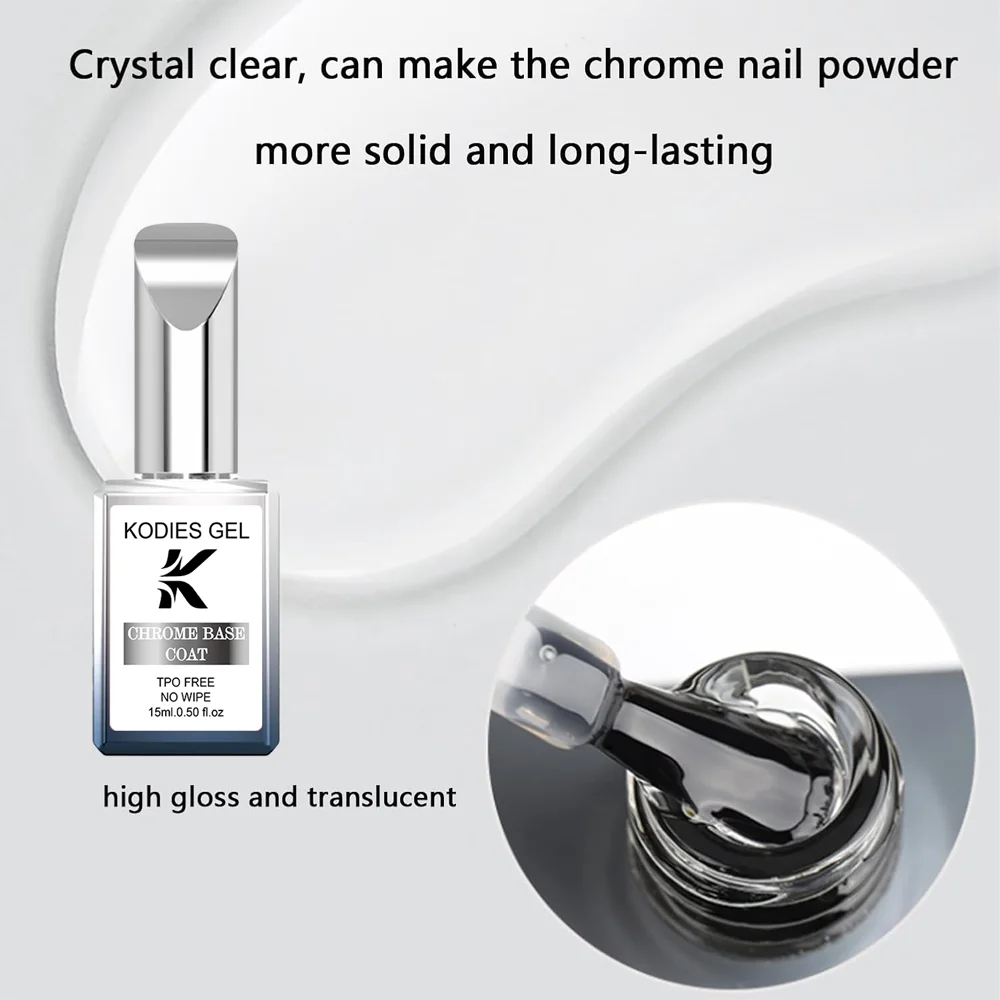 KODIES GEL Chrome Base Coat for Chrome Powder Rub Nail Powder Non Stick Base Primer Semi Permanent UV Base Gel Polish Clear Art