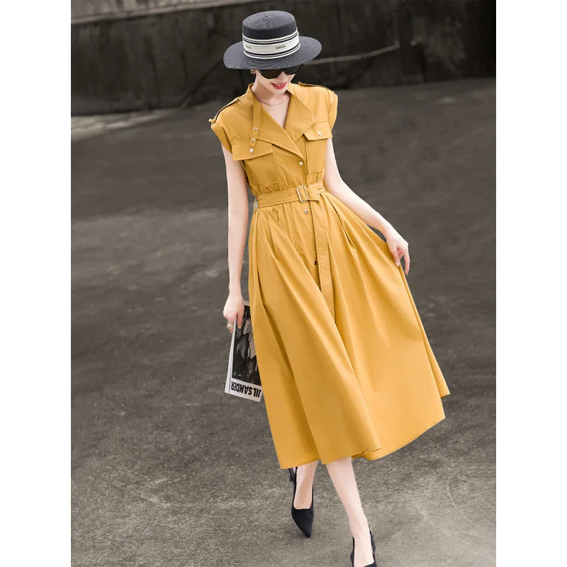 

MEXCOCO 2026 Summer Elegant Commuter Lapel Sleeveless Epaulet Pocket Buckle Belt Waist Single Breasted A Line Midi Shirt Dress