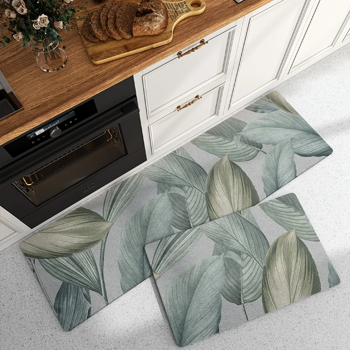 VIKAMA Premium Green Leaf Floor Mat Oil-proof 2pc Kitchen Rug Non-slip Bathroom Mat Doormat Living Room Carpet Rug For Bedroom