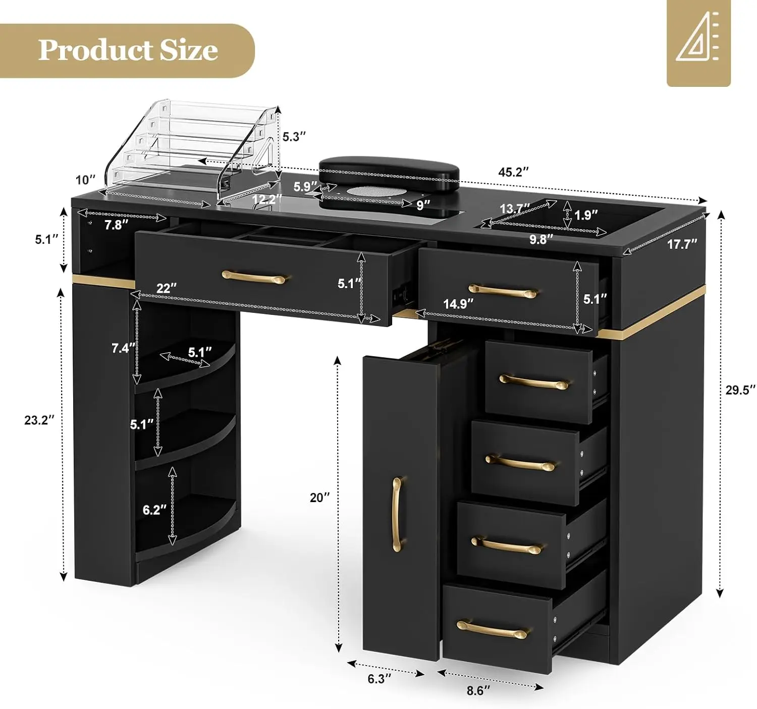 Nail Table Station with Dust Collector, Glass Top Manicure Table Nail Desk Station w/7 Drawers & 3-Tiers Open Shelves, Nail