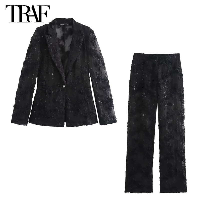 TRAF Sequin Pants Sets for Women 2 Pieces Flower Women\'s Pants Blazer Suits 2 Pieces Sets Women Outfit Semi Sheer Trousers Sets